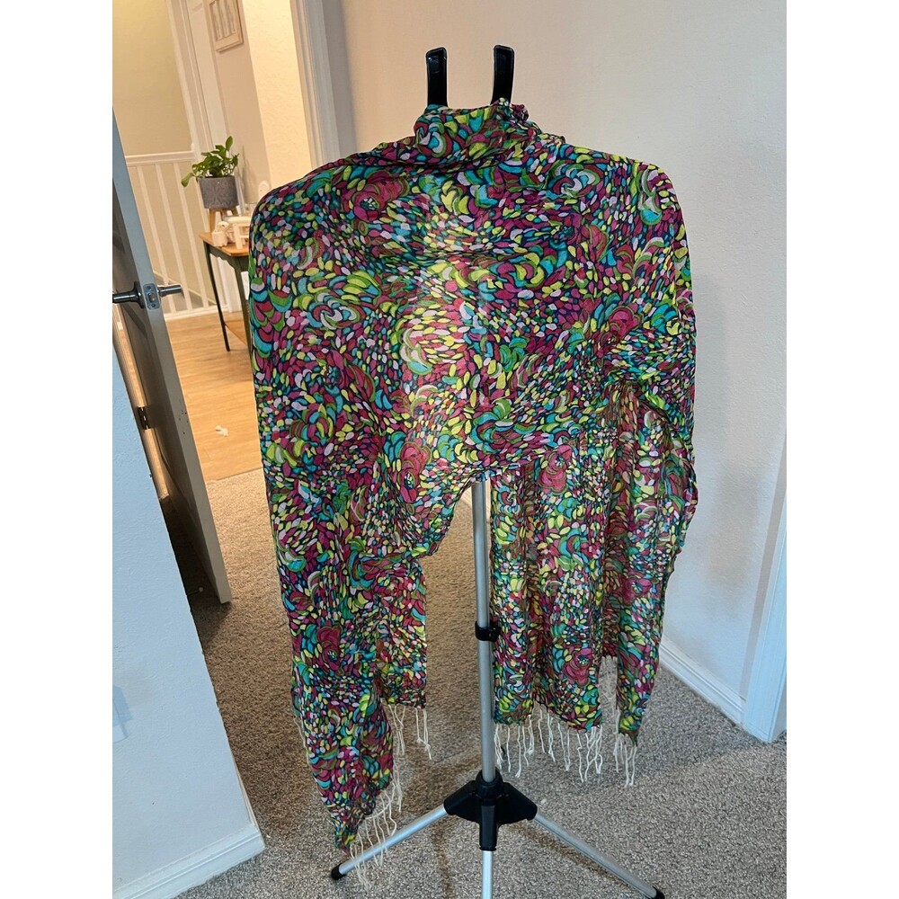 Multicolor Stained Glass Mosaic Scarf with White Fringe - Picture 5 of 8